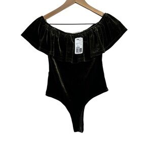 NUDE‎ Green Velvet Off Ruffled Shoulder Bodysuit